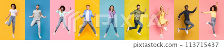 Happy Young Multiethnic Men And Women Jumping Against Colorful Backgrounds 113715437