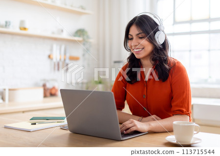 Engaged middle eastern woman with headphones and laptop 113715544