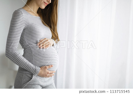 Pregnant woman holding belly in a cozy room 113715545