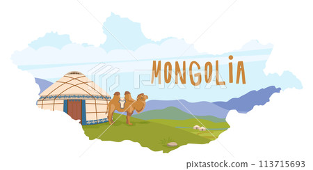 Mongolian landscape. A yurt against a backdrop of mountains, a domestic camel next to a traditional nomadic dwelling. Green pastures, vector illustration for travel poster. Flat style. Map of Mongolia Mongolian landscape. A yurt against a backdrop of mountains, a domestic camel next to a traditional nomadic dwelling. Green pastures, vector illustration for travel poster. Flat style. Map of Mongolia 113715693