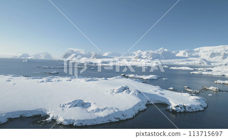 Arctic Epic Ocean Mountain Landscape Aerial View. North Antarctica Open Water Coast Majestic Landscape Overview. Global Warming Nature Concept Drone Flight Arctic Epic Ocean Mountain Landscape Aerial View. North Antarctica Open Water Coast Majestic Landscape Overview. Global Warming Nature Concept Drone Flight 113715697
