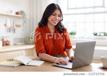 Smiling young arab woman working on laptop at home 113715750