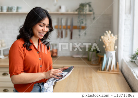 Young middle eastern woman wiping plate in kitchen Young middle eastern woman wiping plate in kitchen 113715862