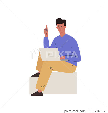 Young man sitting on square blocks working on laptop with raised finger gesture. Male character worker or student. Education concept Young man sitting on square blocks working on laptop with raised finger gesture. Male character worker or student. Education concept 113716167