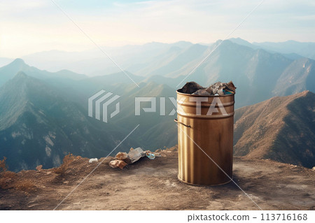 Garbage cans in the mountains. Maintaining cleanliness in nature. Saving the planet. Garbage sorting. 113716168