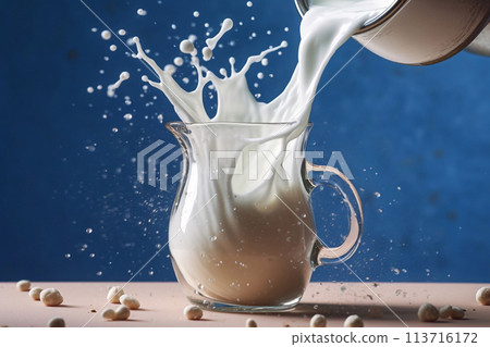 Fresh milk is poured into a glass. Homemade milk. Dairy products. 113716172