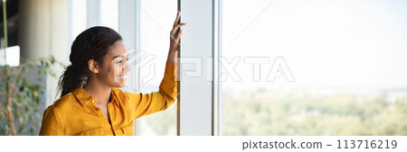 Successful african american businesswoman standing by window in coworking office 113716219