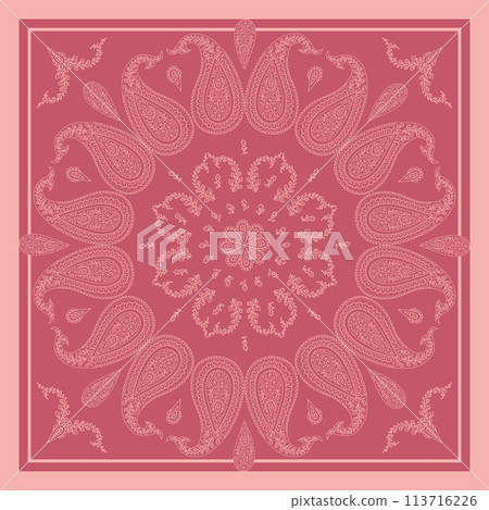 Monochrome pink scarf or bandana design with paisley mandala pattern and floral elements Monochrome pink scarf or bandana design with paisley mandala pattern and floral elements 113716226