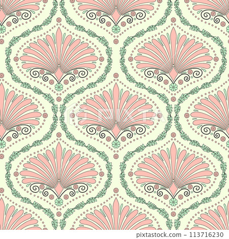 Seamless pattern with pink floral ogee and anthemion geometrical motifs on a cream background 113716230