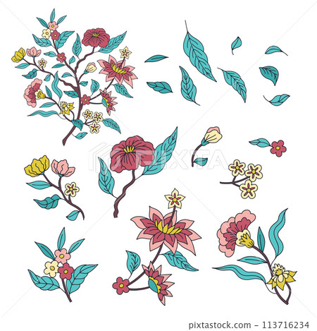 Set of monochrome black and white floral chinoiserie or indian style flowers set isolated on white background Set of monochrome black and white floral chinoiserie or indian style flowers set isolated on white background 113716234