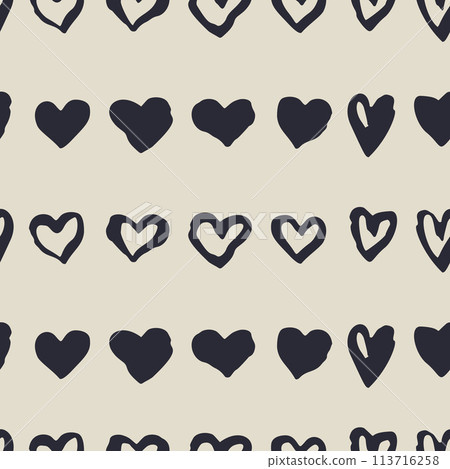 Monochrome dark blue and beige romantic seamless pattern with sketchy heart stripes Monochrome dark blue and beige romantic seamless pattern with sketchy heart stripes 113716258