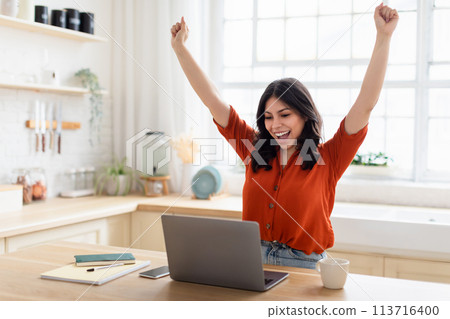 Excited woman with laptop at kitchen table 113716400