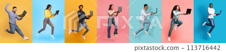 Diverse Happy People Jumping Up With Laptops In Hands 113716442