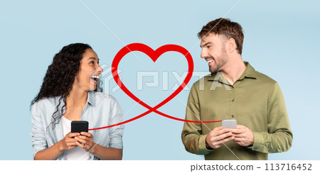 A man and a woman, both looking joyful and engaged with their smartphones, are connected by a heart-shaped A man and a woman, both looking joyful and engaged with their smartphones, are connected by a heart-shaped 113716452