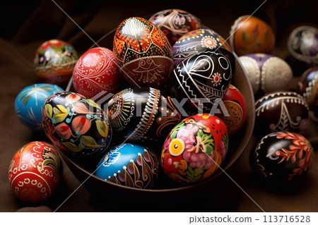 Ukrainian Easter eggs in a plate on the table. Easter ornament. 113716528