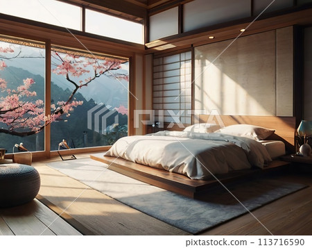 Japanese style bedroom interior design, simple style and cherry blossom tree outside the window Japanese style bedroom interior design, simple style and cherry blossom tree outside the window 113716590