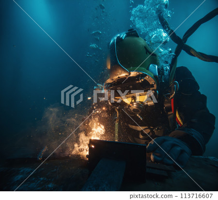Commercial diver welding and cutting underwater Commercial diver welding and cutting underwater 113716607