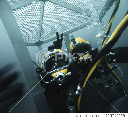 Professional diver ready to enter water 113716659