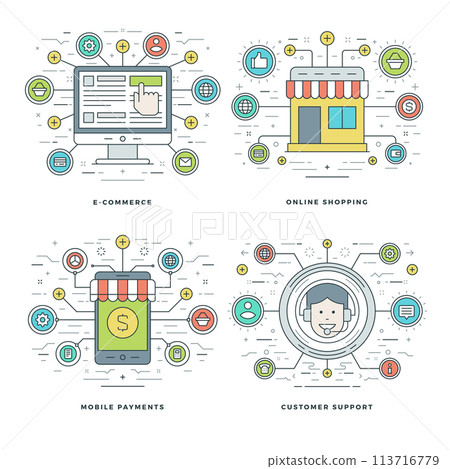 Flat line E-commerce, Mobile Payments, Customer Support, Shopping Business Concepts Set Vector illustrations. Flat line E-commerce, Mobile Payments, Customer Support, Shopping Business Concepts Set Vector illustrations. 113716779