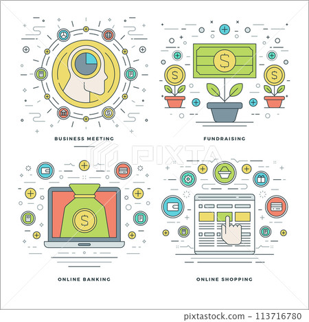 Flat line Meeting, Fundraising, Banking, Shopping Business Concepts Set Vector illustrations. 113716780