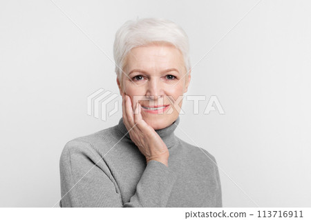 Portrait of a senior woman, hand on cheek 113716911