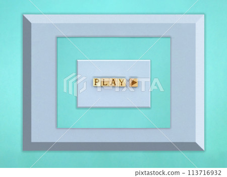 A square purple PLAY alphabet block card in a square 3D purple frame 113716932