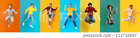 Big Luck. Diverse Happy Males Jumping Against Bright Backgrounds In Studio 113716997