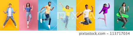Happy Youth. Diverse Cheerful Multiethnic People Jumping Against Colorful Studio Backgrounds 113717034