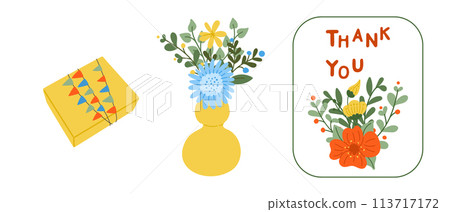 Greeting floral flat set with card, gift and bouquet. Floral holiday party concept. Flat colored floral elements and compositions for greeting card. Modern concept in kids pastel colors 113717172