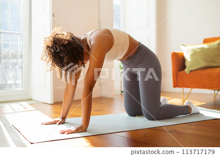 woman practices yoga in living room performing cat cow pose 113717179