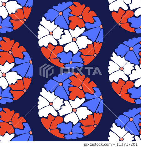 Seamless pattern with round floral abstract composition on black background. Flat hand drawn cut out bloom in bright colors. Unique retro print design for textile, wallpaper, interior, wrapping Seamless pattern with round floral abstract composition on black background. Flat hand drawn cut out bloom in bright colors. Unique retro print design for textile, wallpaper, interior, wrapping 113717201