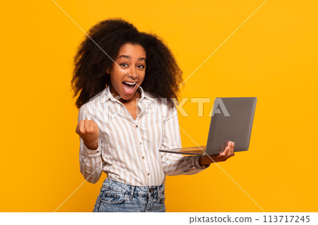 Excited woman holding laptop with fist pump Excited woman holding laptop with fist pump 113717245