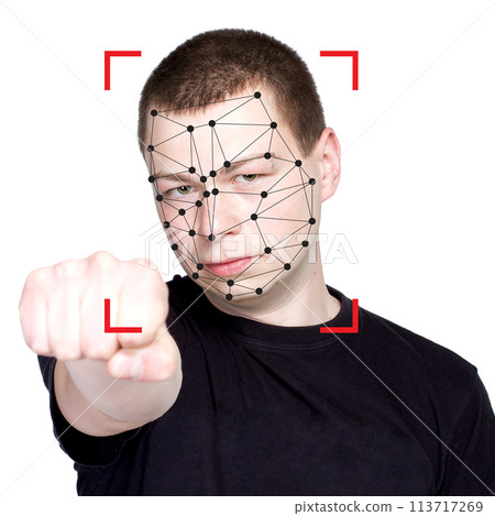 Young man and technology biometric security system. Facial recognition concept 113717269