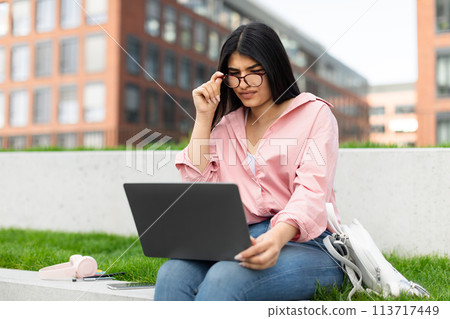 Girl student studying on laptop outdoors Girl student studying on laptop outdoors 113717449