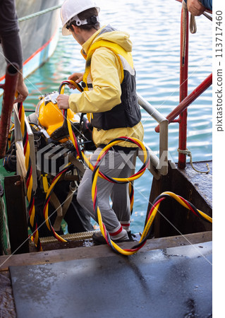Professional diver ready to enter water Professional diver ready to enter water 113717460