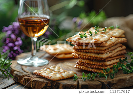 Traditional passover seder festive table with matzah and wine Traditional passover seder festive table with matzah and wine 113717617