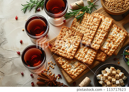 Top view of pesach background. Passover celebration with wine and matzah on the beige background 113717623