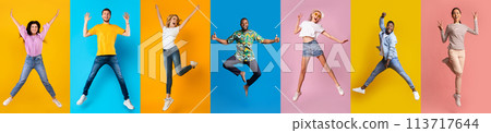 Cheerful multiethnic young people expressing positive emotions on colorful studio backgrounds 113717644