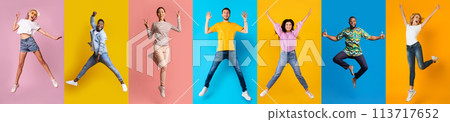 Happy Day. Group Of Cheerful Multiethnic People Jumping On Colorful Backgrounds Happy Day. Group Of Cheerful Multiethnic People Jumping On Colorful Backgrounds 113717652