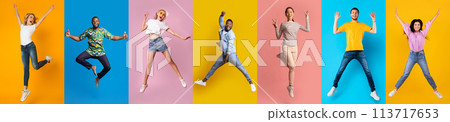 Diverse Overjoyed Young People Jumping On Colorful Backgrounds Diverse Overjoyed Young People Jumping On Colorful Backgrounds 113717653