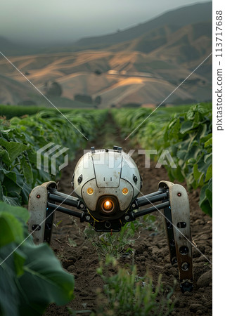 Automated robot is located in a field with tall grass. Modern technologies in agriculture 113717688