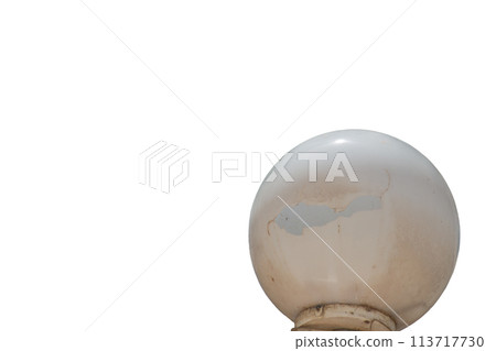 Isolated broken white light street lighting fixture on white background. The photo was taken in sunny weather. Blank, mockup for artwork Isolated broken white light street lighting fixture on white background. The photo was taken in sunny weather. Blank, mockup for artwork 113717730