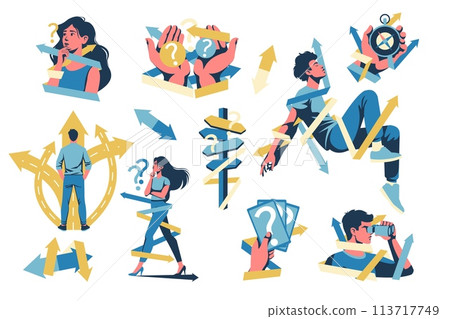 Choice arrow direction. People choose path. Decision option. Lost crossroad. Business destination. Multiple way pointer. Persons find problem solution. Doubt man. Thoughtful woman. Vector concepts set 113717749