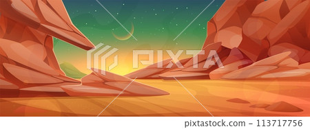 Space fantasy. Planet landscape. background cartoon world. Alien illustration surface. Fantastic arcade game nature panorama. Mars mountain land. Starry sky and moon light. Vector desert ground scene Space fantasy. Planet landscape. background cartoon world. Alien illustration surface. Fantastic arcade game nature panorama. Mars mountain land. Starry sky and moon light. Vector desert ground scene 113717756