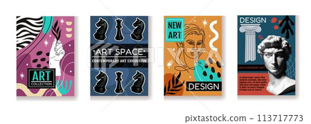 Art abstract poster. Modern design wall art, paint pattern music. Creative graphic contemporary. Ancient sculpture face and hand, line people. Vector background texture doodle tidy illustration set 113717773