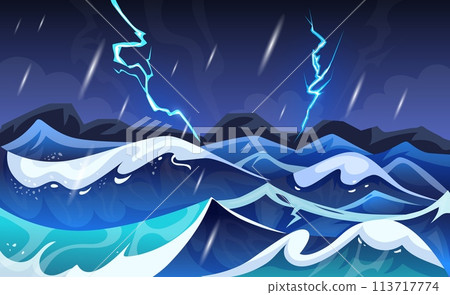 Lightning strike. Sea landscape. Ocean waves. Thunderbolt effect of hitting water. Electric attack. Sky flash. Thunderstorm seascape. Thunder light animation storm. Vector tidy game cartoon background 113717774