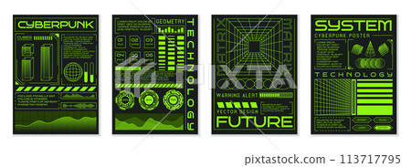 Grid poster. Abstract neon green elements, space technology. Futuristic design planet, retro HUD cyberpunk style. Techno cyber, retrofuturistic synthwave background punk. Vector garish flyer template Grid poster. Abstract neon green elements, space technology. Futuristic design planet, retro HUD cyberpunk style. Techno cyber, retrofuturistic synthwave background punk. Vector garish flyer template 113717795