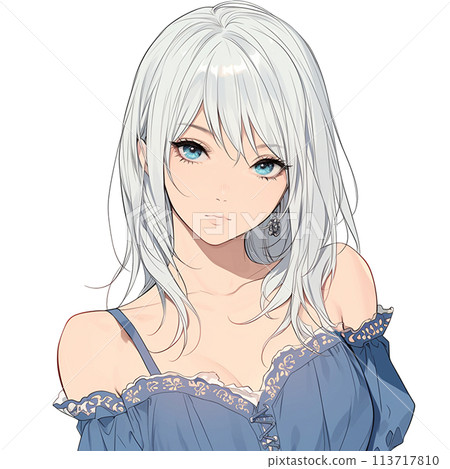 銀髮中長髮女子的臉部圖形（生氣） 113717810