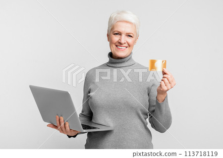 Elderly woman with laptop and credit card 113718119