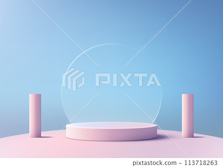 3D round pink podium with glass transparent circle backdrop on a pink floor with two pole on a blue background 113718263